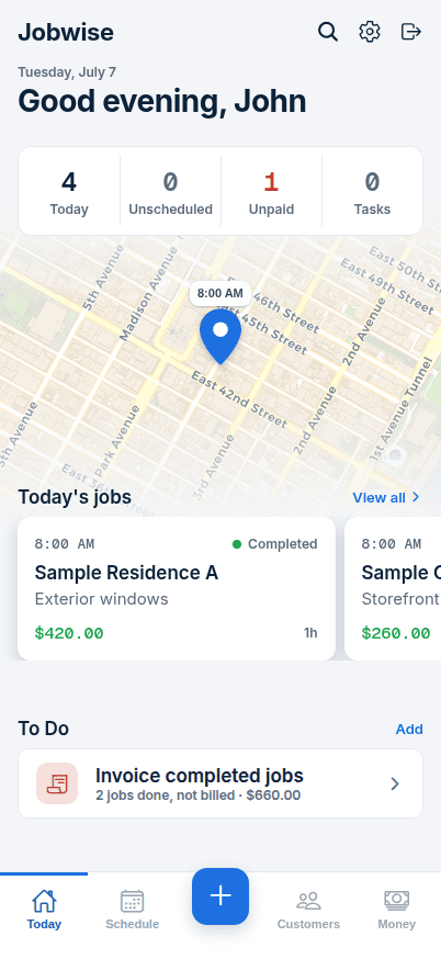 The Jobwise iPhone app showing a crew member's jobs for the day.